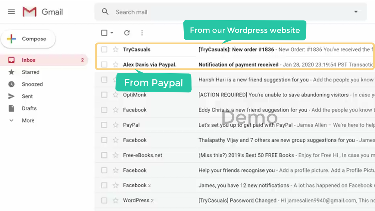 demo email from wordpress and paypal