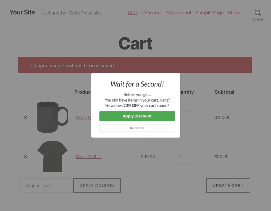 Example of coupon popup when a customer leaves the website