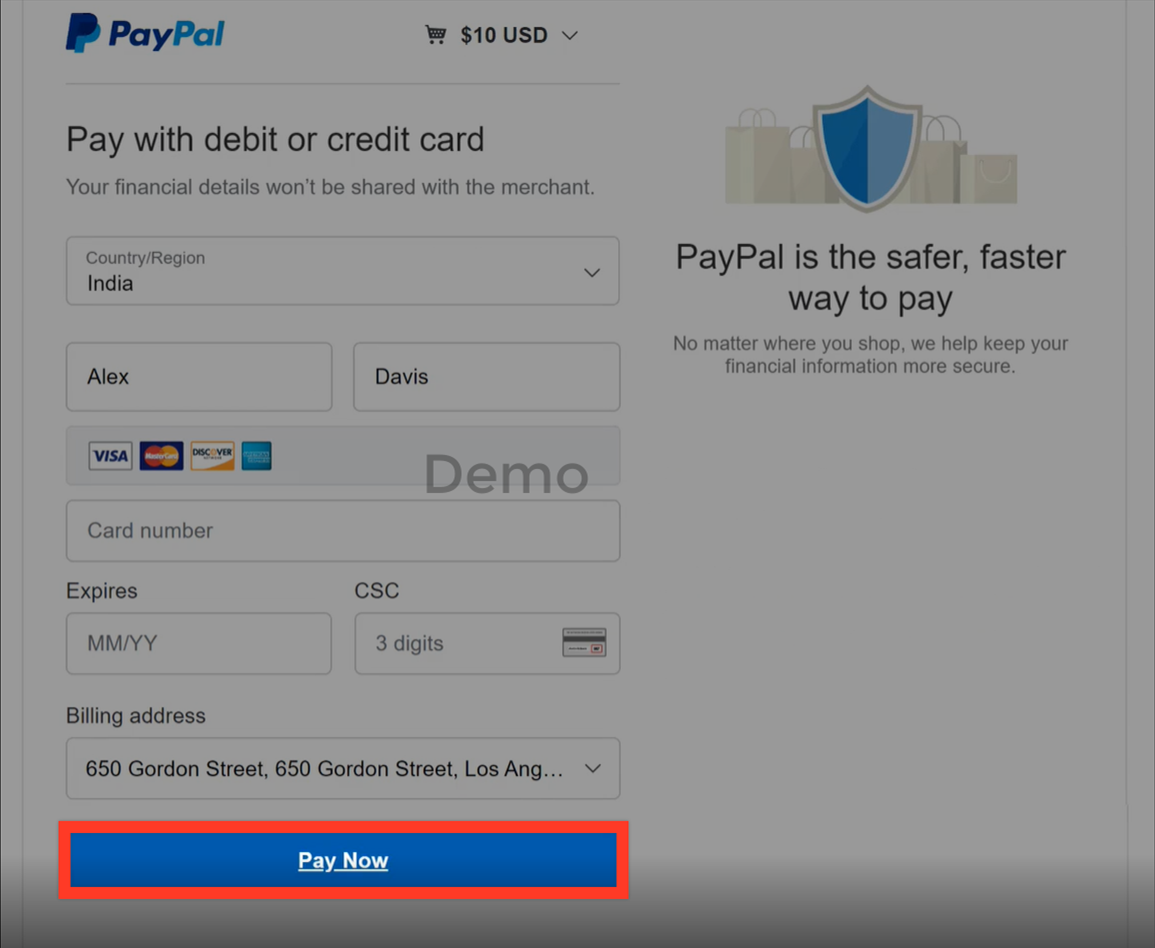 paypal pay with credit or debit card demo