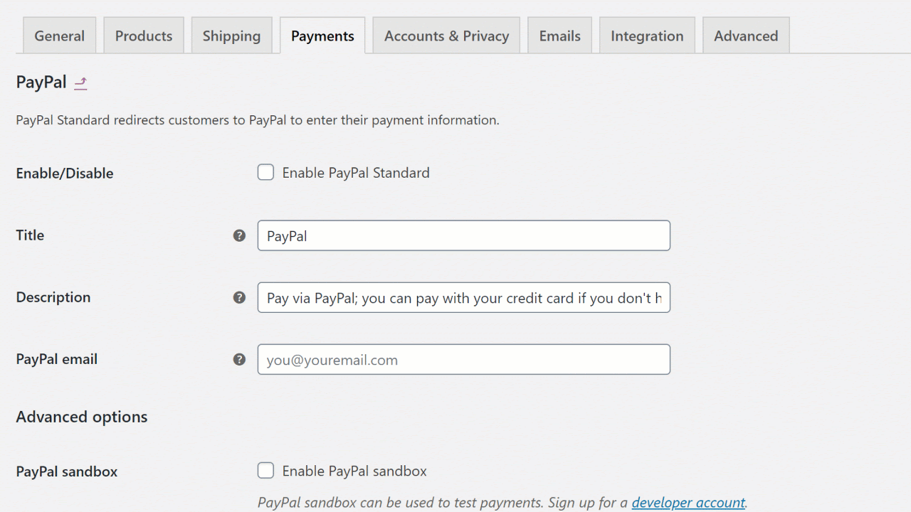 enable paypal  standard and enter your paypal email address