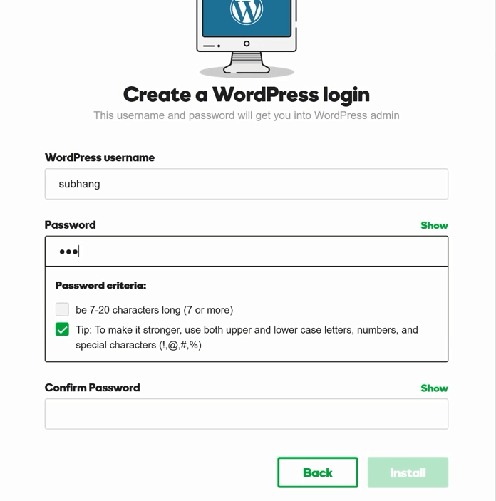 enter a password for wordpress 