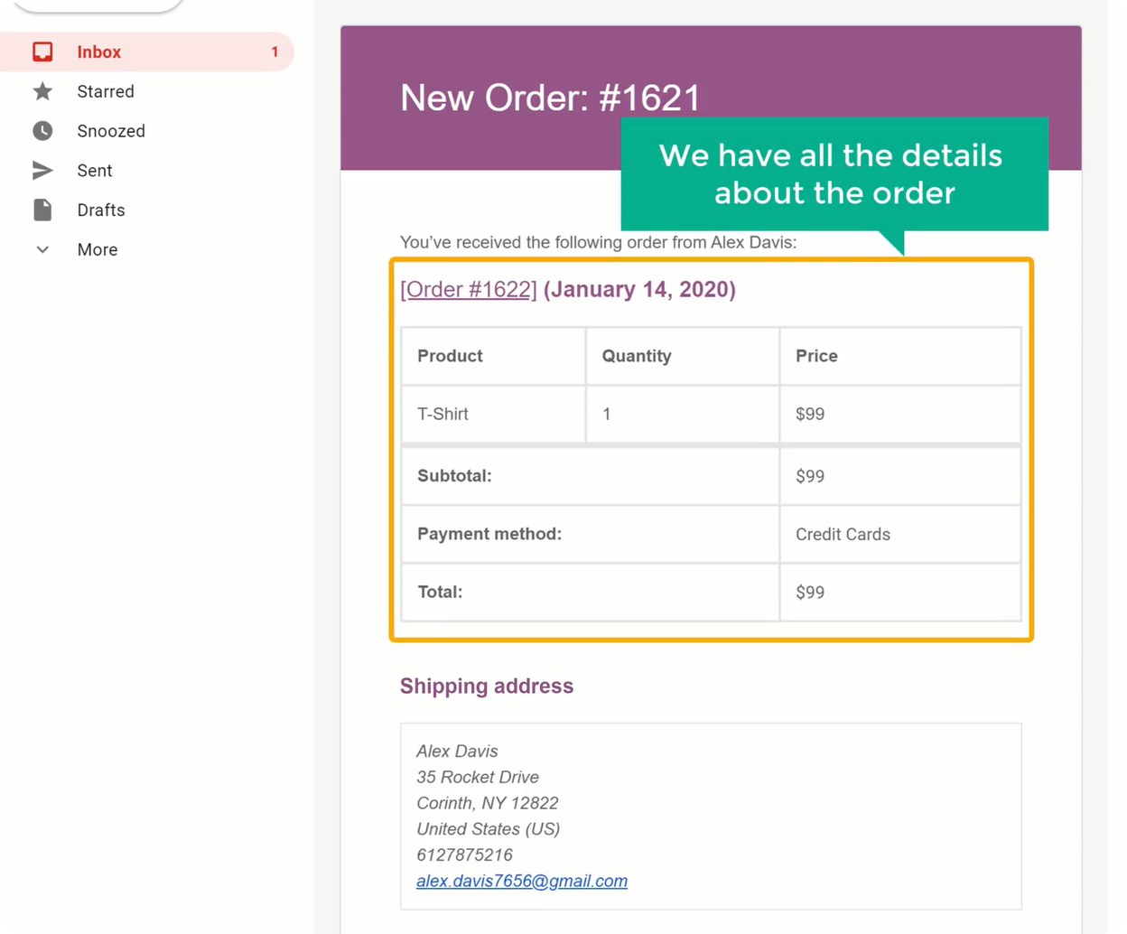 Email contains all order details