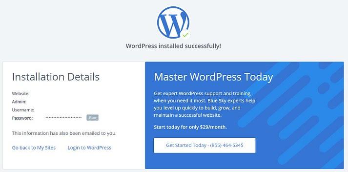 WordPress installed successfully