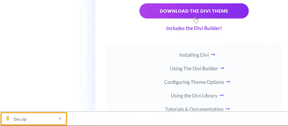 A zip folder named Divi will be downloaded