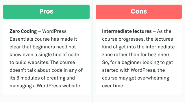 Pros and Cons for WordPress Essentials Course