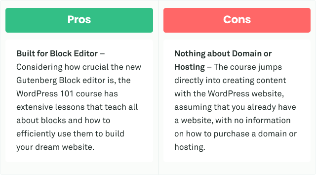 Pros and Cons for WordPress 101 Course